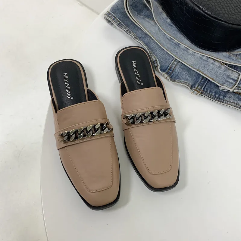 

Slippers Casual Shoes Rivet Slipers Women Square Toe Low Big Size Female Mule Slides Luxury 2021 Mules Soft Cover Fabric Rubber