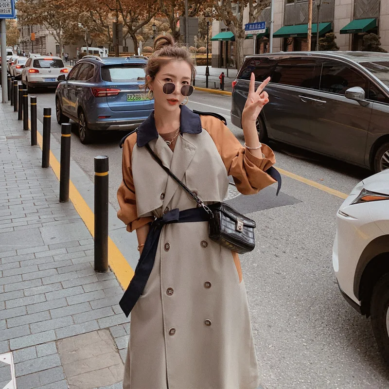 

Colorblock British windbreaker mid-length 2020 new Korean style loose temperament Hepburn Hong Kong wind coat women's jacket