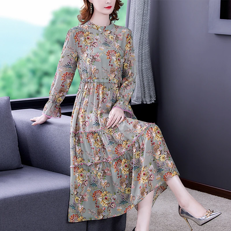 

Spring Autumn Natural Silk Floral Midi Dress Women Korean Fashion Chiffon Casual Dress 2022 Elegant Bodycon Office Lady Dresses