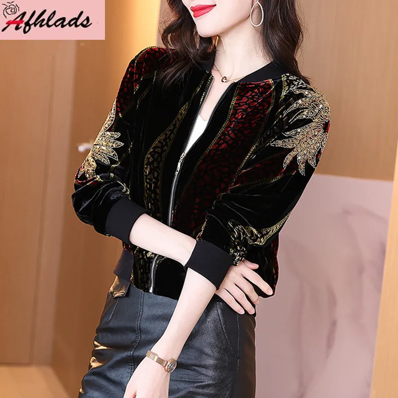 

Velvet Zipper Women's Spring And Autumn New Outerwear Retro Print Beaded Loose Sequins Patchwork Long Sleeve Black Jacket
