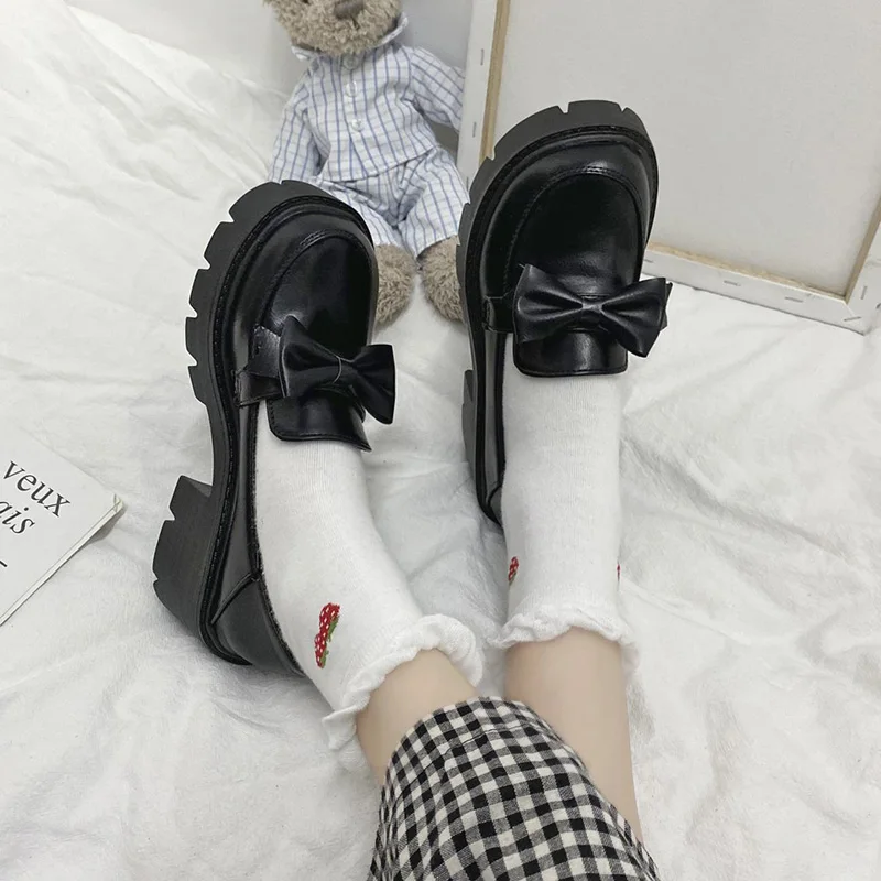 

Bow-Knot Soft Shoes On Heels Oxfords Women's Clogs Platform Loafers With Fur Casual Female Sneakers Square Toe Black Flats Briti