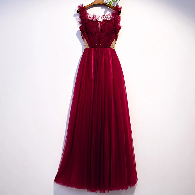 

Evening Dress Strapless A-line Florr-length Sleeveless Simple Burdguny Luxurious Beads Bling New Party Formal Dresses Woman B104