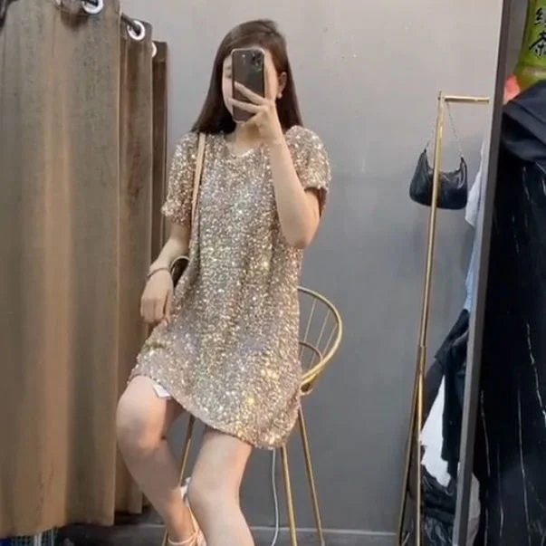 Женское платье в европейском стиле с блестками и пышными рукавами | Женская