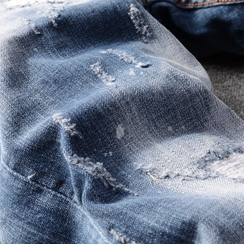 American Street Fashion Men Jeans High Quality Retro Blue Elastic Slim Fit Ripped Jeans Men Printed Designer Hip Hop Denim Pants