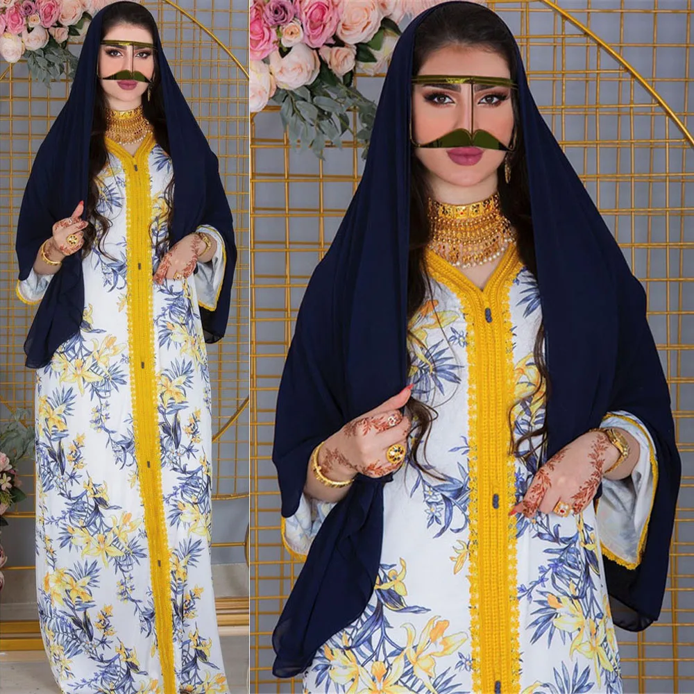 Арабская абайя, Дубай, мусульманское женское длинное платье с принтом, этническое Макси-Платье с V-образным вырезом и длинным рукавом, марок...