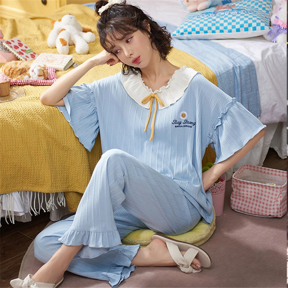 

Summer Women Short Sleeve Pajama Sets Combed Cotton Trouser Suit Fashion Print Casual Home Wear Nightgown Sleepwear Pijima 2021