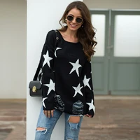 casual star jacquard sweaters women large round neck long sleeve hole pullovers ladies loose knitted tops jumpers
