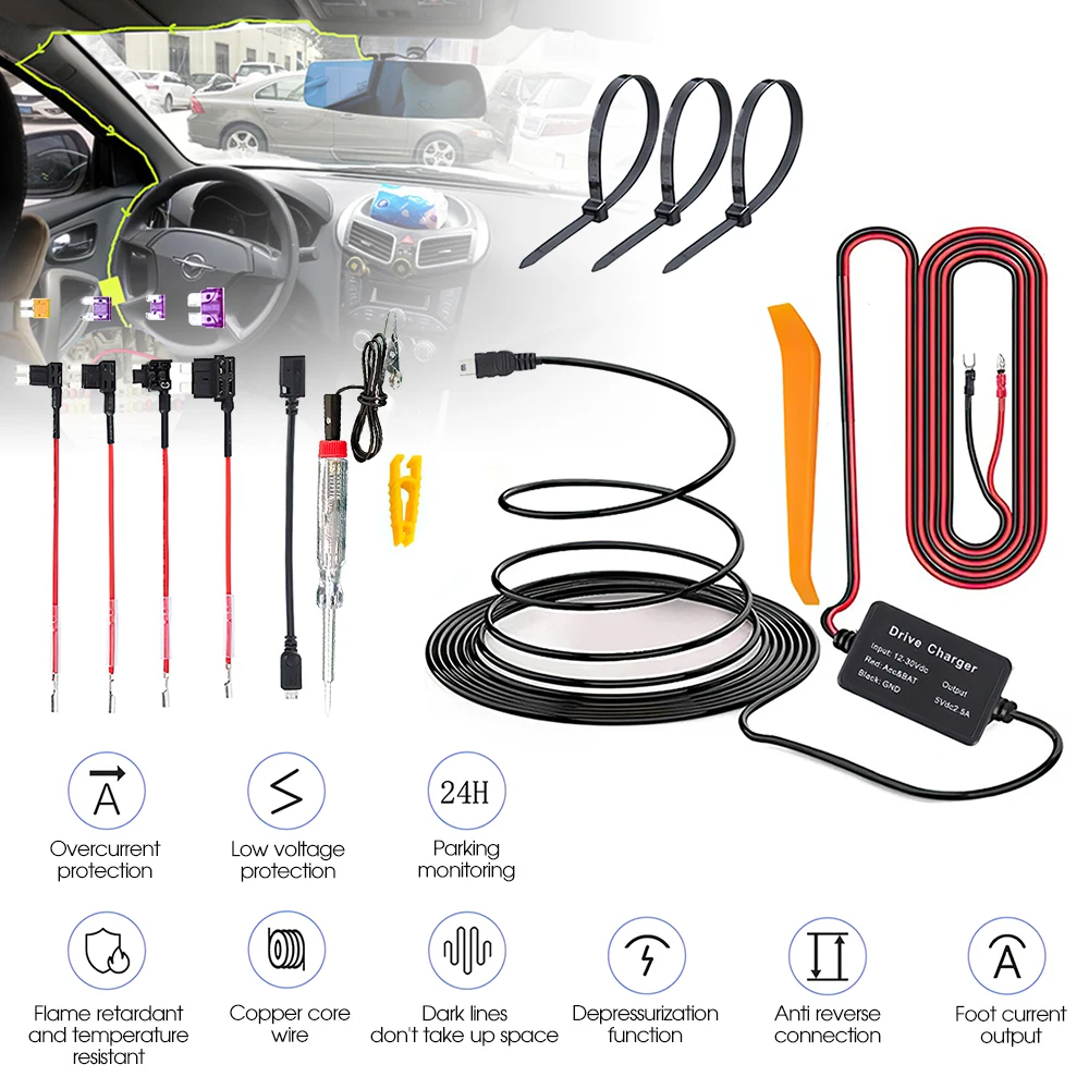 

12V 24V To 5V 2A Auto ACC Step-down Lines 3.2m Low Voltage Protection Cables Wire for Car Dash Camera DVR Recorder
