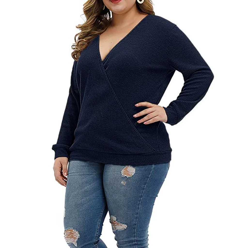Женские топы и блузки большого размера с v-образным вырезом длинным рукавом