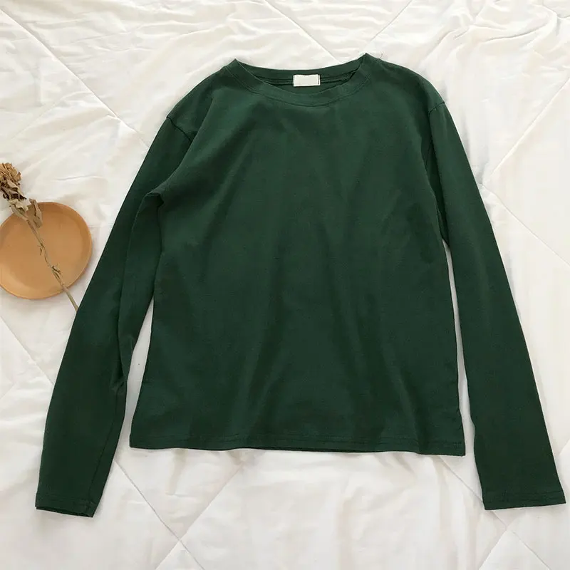 Dark green 22 Однотонная футболка с длинным рукавом Женская Kpop шикарная свободная хлопковая Футболка с круглым вырезом черная Harajuku Kawaii простая Базовая футболка Femme - Цвет: Dark green