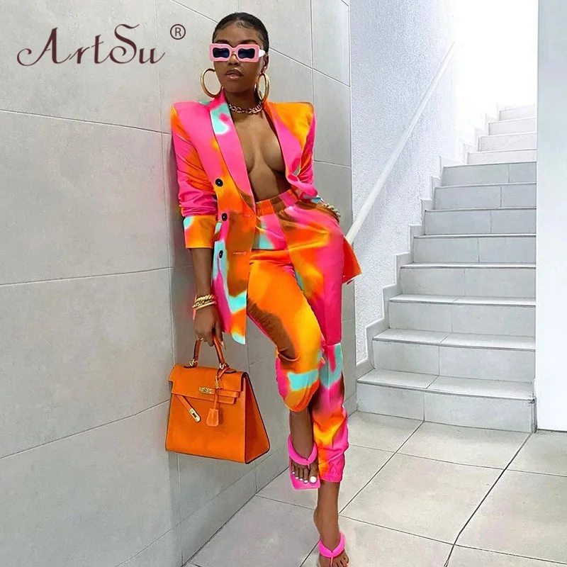 

ArtSu Outwear Two Piece Set Women Fashion Tie Dye Print Long Sleeve Coat + Elastic Waist Long Pants Outfit 2021 Sexy Party Suits
