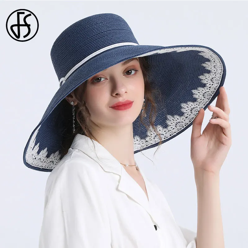 Женская Соломенная шляпка от солнца FS складная пляжная с широкими полями черная