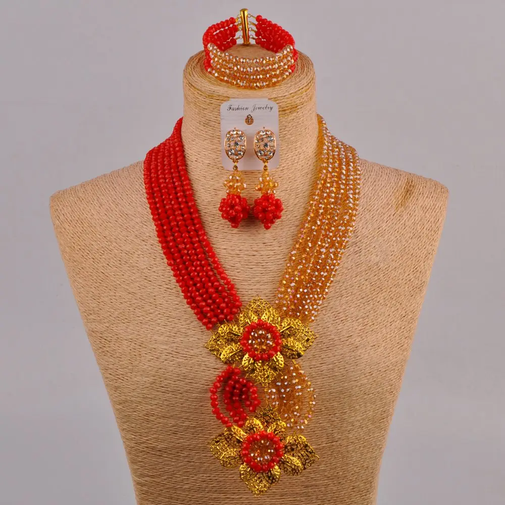 

Delicate charming beaded jewelry opaque red champagne gold AB women nigerian wedding african beads jewelry set 6CHL