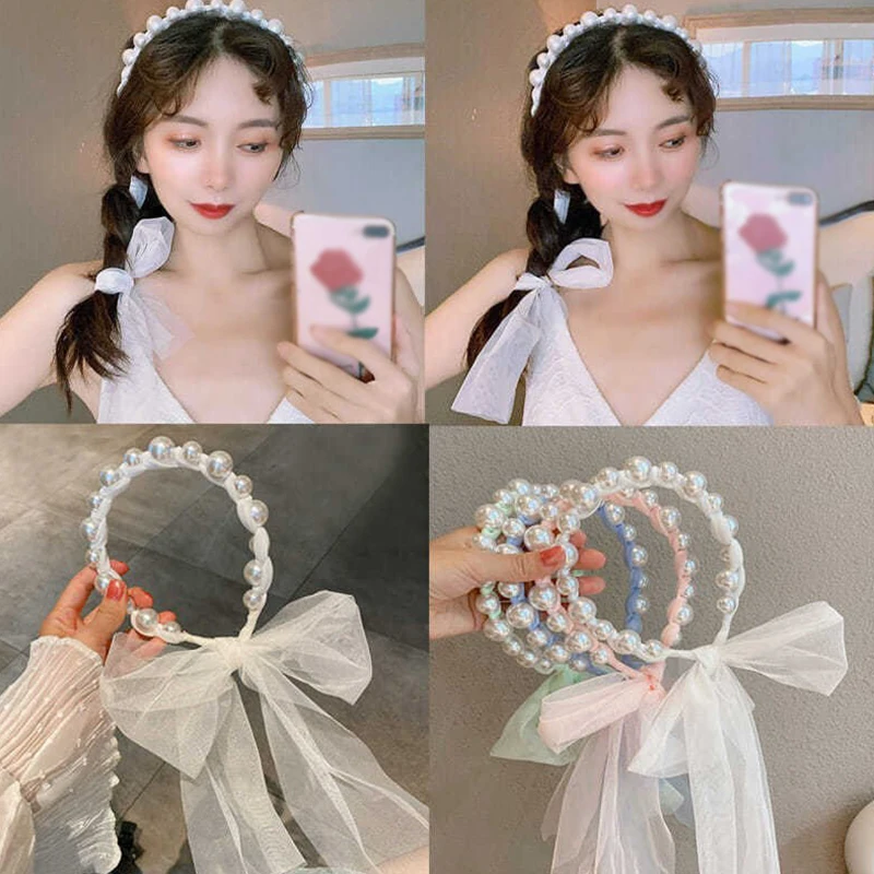 

1 pcs New Full Handmade Pearls Ribbon Hairbands Bridal Wedding Hair Hoop Headband Fashion Headpiece Hair Accessories