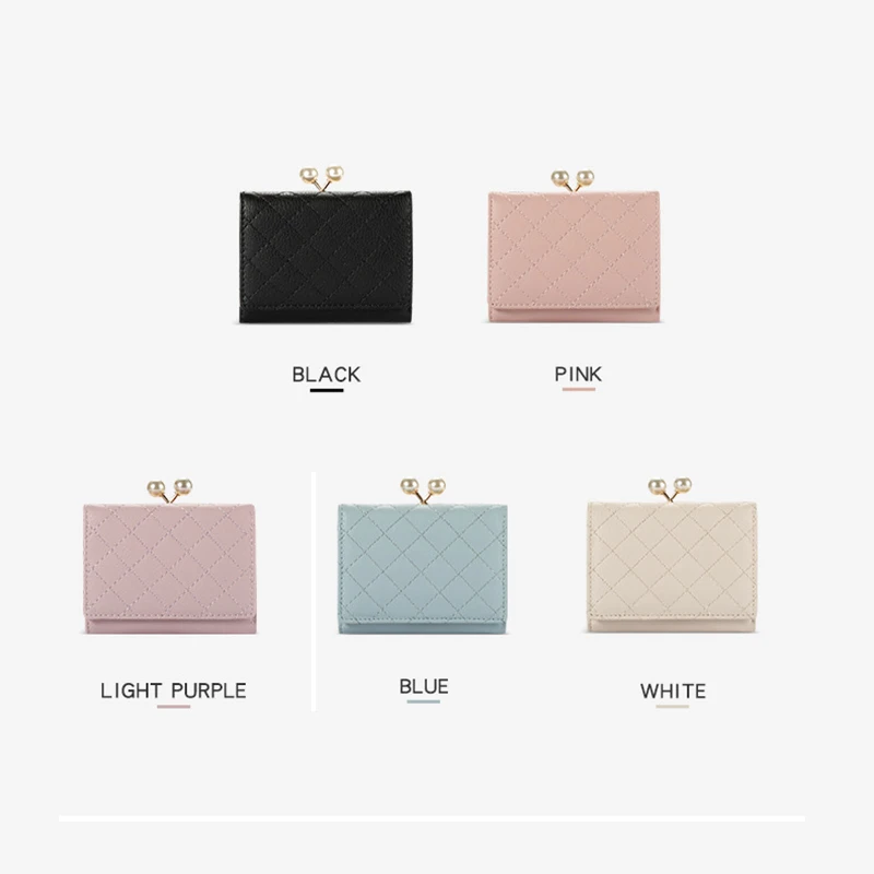 Pearl Decoration Women Short Wallet With Coin Pocket Korean Pu Leather Small Cute Female Card Holder Hasp Lady Mini Pink Purse