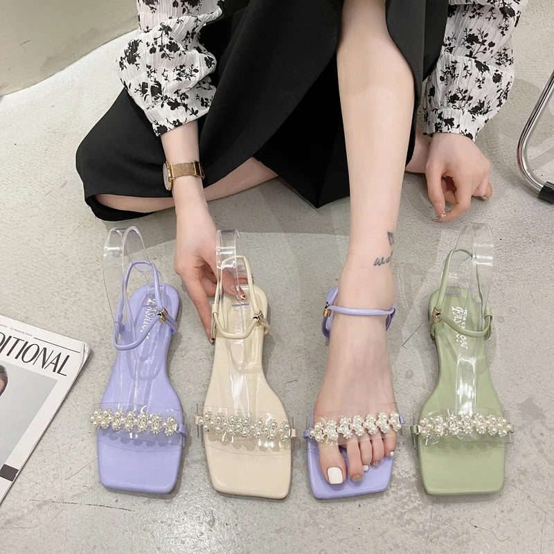 

Shoes Woman 2021 Slippers Soft Low Luxury Slides Square Toe String Bead Pantofle Comfort Flat Designer New PU Scandals Rubber