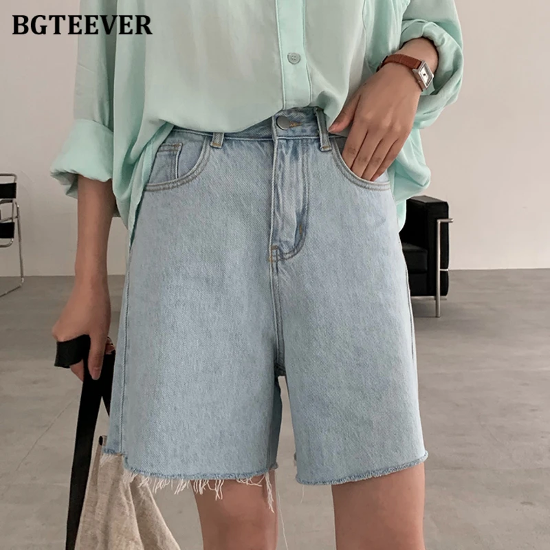 Женские джинсовые шорты BGTEEVER летние свободные с бахромой на подоле повседневный