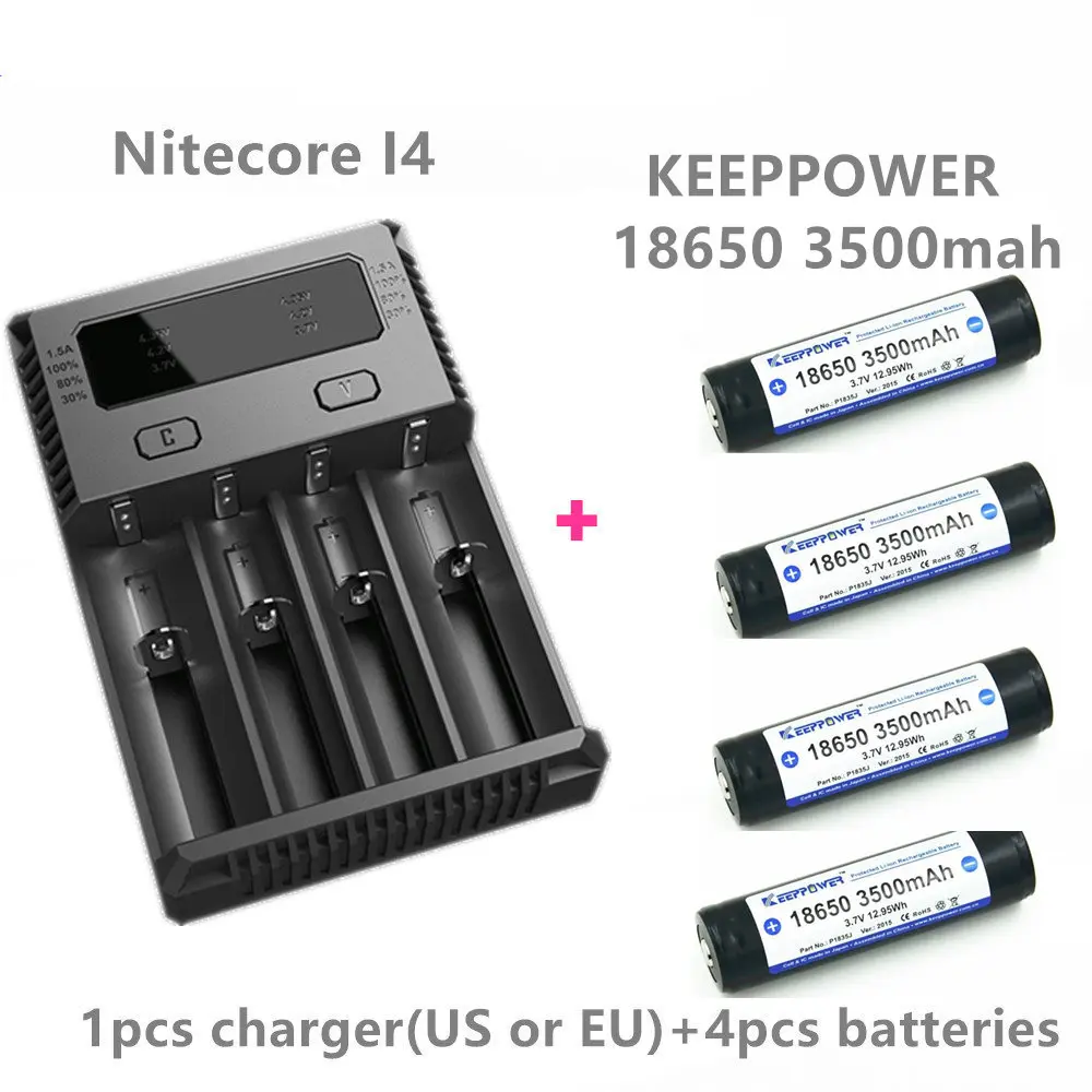 Keeppower 4 шт. 18650 3500 мАч Защищенный Литий ионный перезаряжаемый аккумулятор с 1 Nitecore