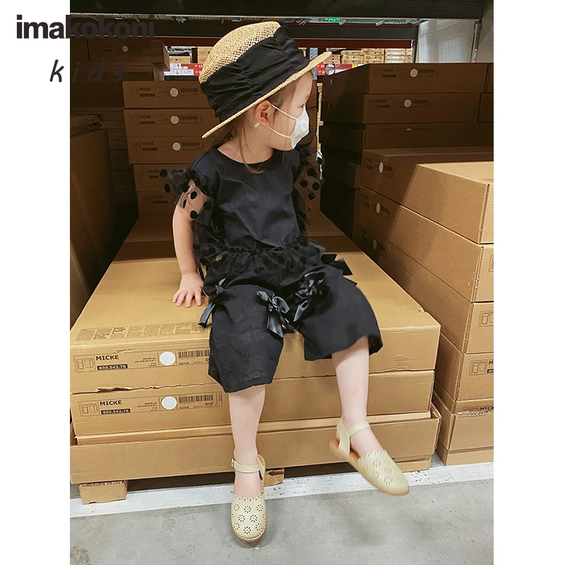 

imakokoni original design black sleeveless overalls + bow straight casual pants girls summer 20389