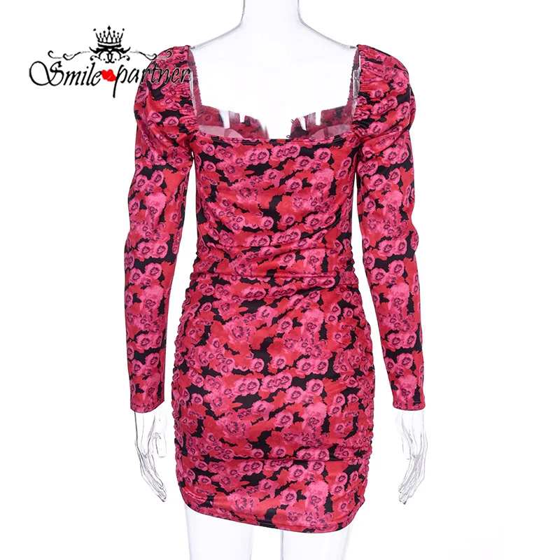 

Smile Women Foral Printed Spring Autumn V-Neck Dresses New Fashion Elegant Street Shirring Draped Mini Dresses A2104140