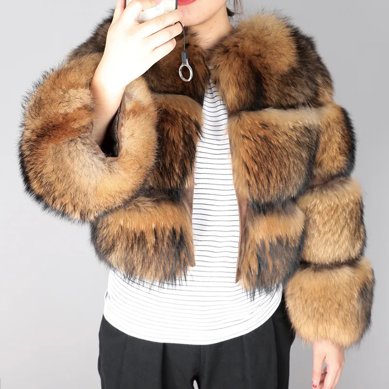 coat 45cm Maomaokong, зимняя новая стильная куртка, женское плотное меховое пальто, куртка из натурального меха енота, высококачественное пальто из меха енота, теплое пальто с круглым вырезом - Цвет: coat 45cm