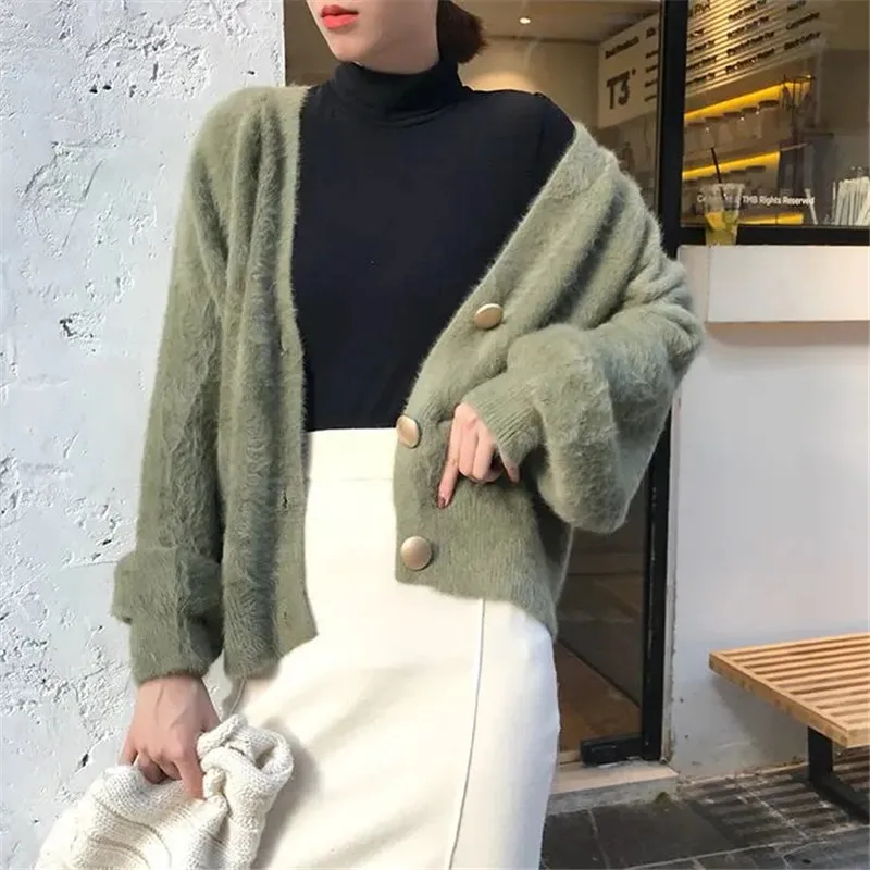 

Woman's 2022 New Elegant Long Sleeve Mohair V-neck Sweater Single-Breasted Female Short Cardigan Soft Flexible Knitted Outwear