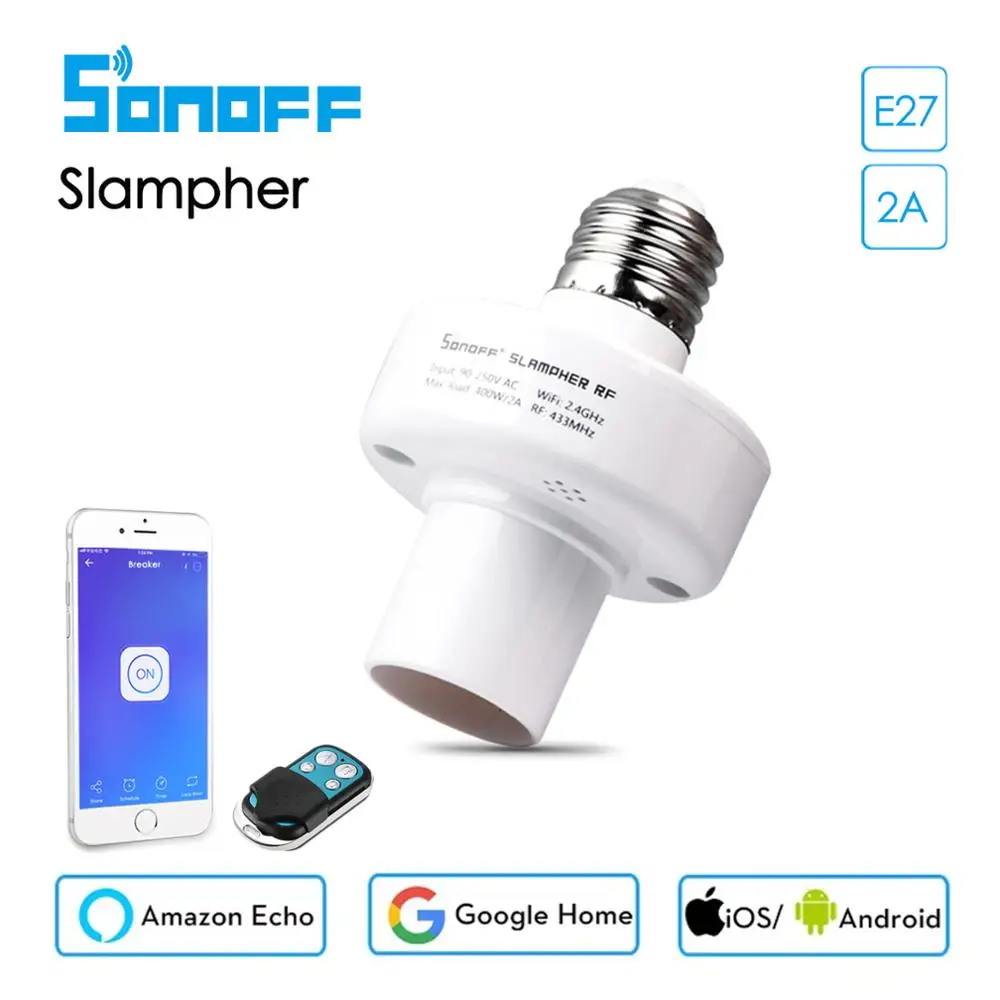 

Sonoff Slampher E27 Wifi Bulb Socket Lamp Holder 433 RF Remote Control, eWeLink App Work with Alexa Google home