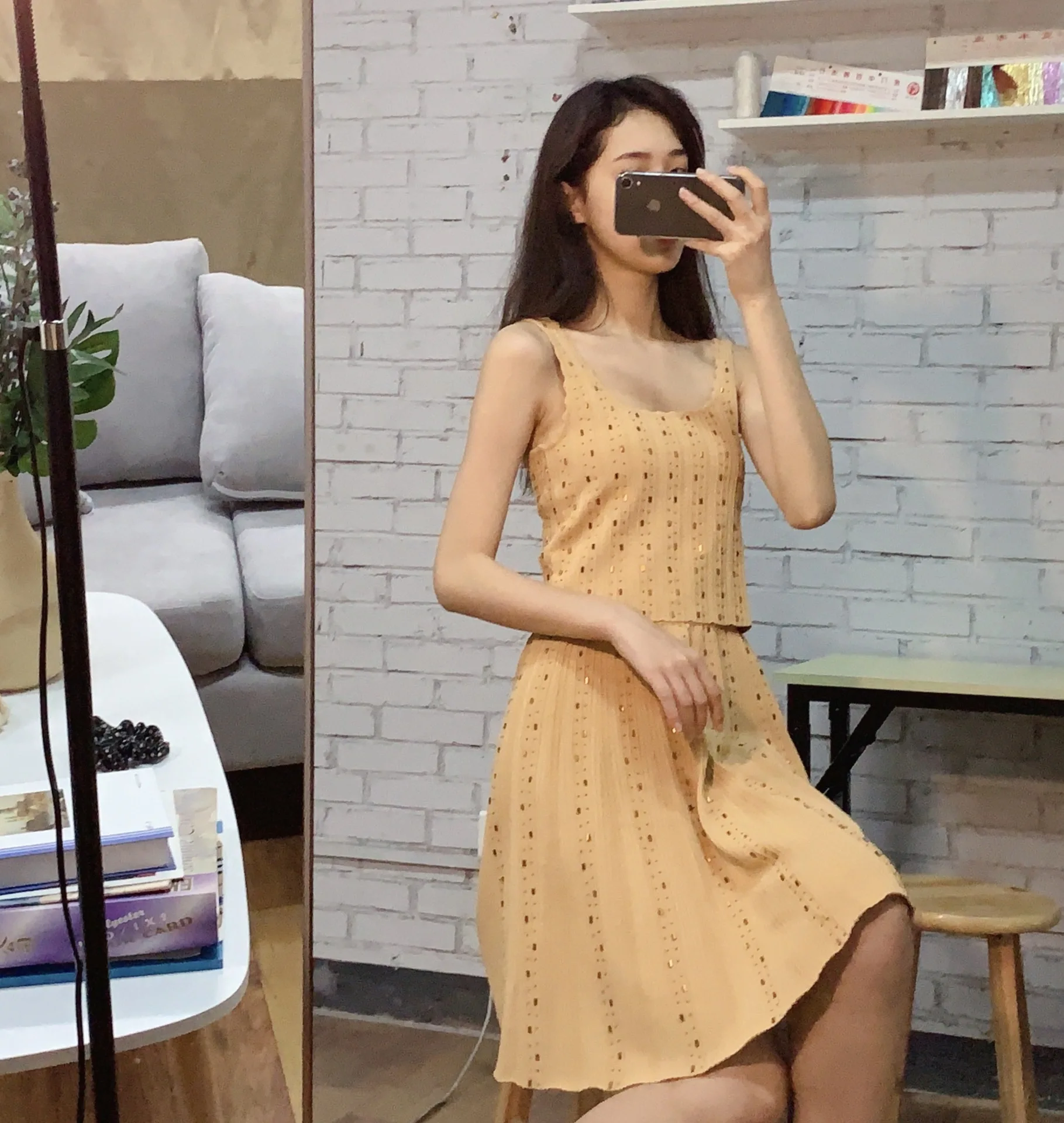 

Micosoni High Quality Women's Sets Summer golden Handmade Beaded Hollow Out Wavy Knitted Top + Knee-length Skirt Two-Piece Suit