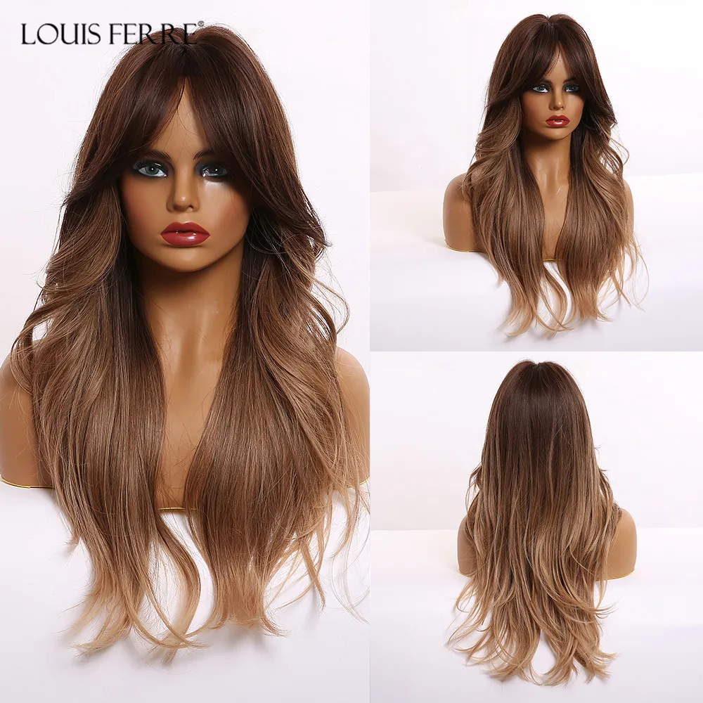 Длинный парик LOUIS FERRE с эффектом омбре коричневый золотой медовый челкой