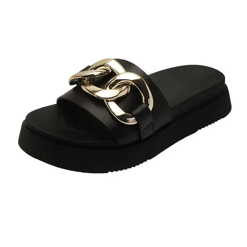 

Fashion Flat Heel Slippers Women's Summer Slippers Chain Decorative Slippers Square Head Bare Toe Leather Slipper Sandals