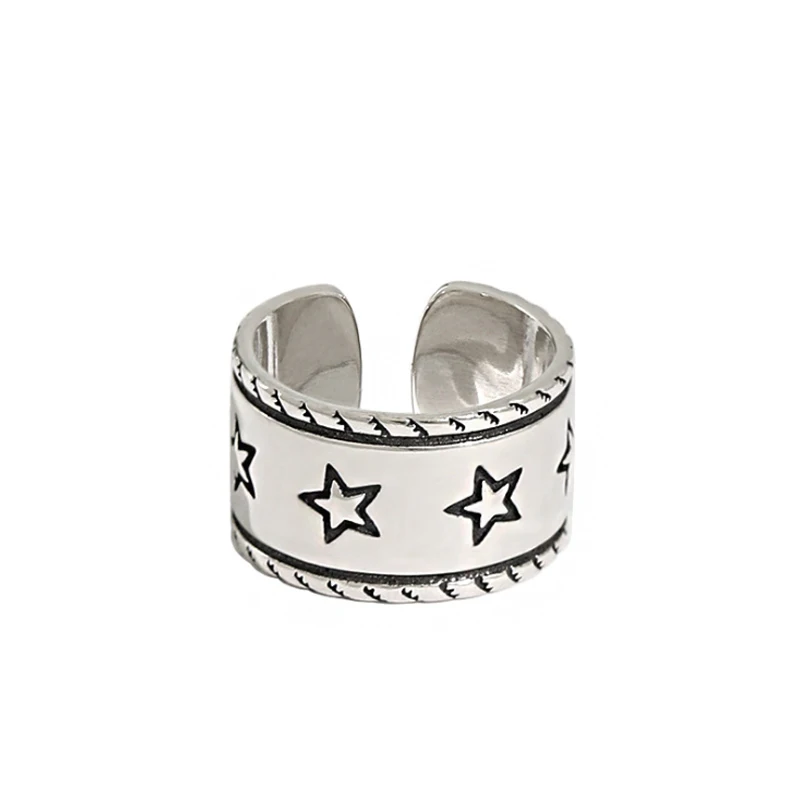 

F.I.N.S Korea Style Retro Old Five-Pointed Star S925 Sterling Silver Wide Open Cuff Ring Female Silver Ring Fine Jewelry