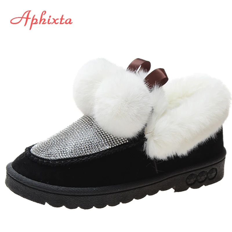 Женские ботинки с круглыми носками APHIXTA зимние со стразами и меховыми помпонами