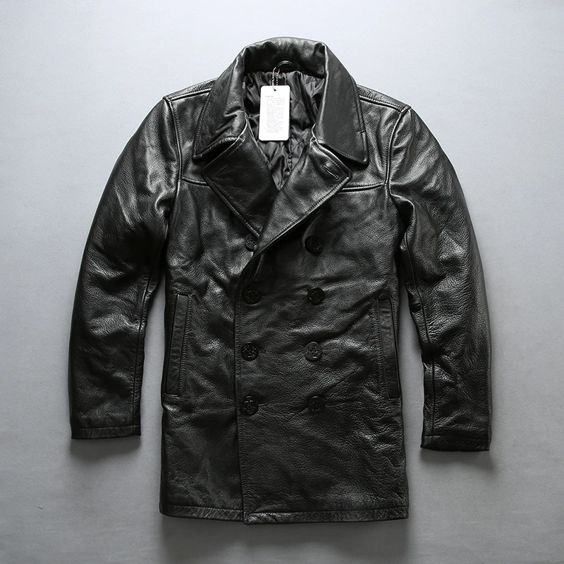 

Shipping 2021 Free Men's Genuine Winter Vintage Classic Cowhide Leather Coat Casual Formal Black Jacket