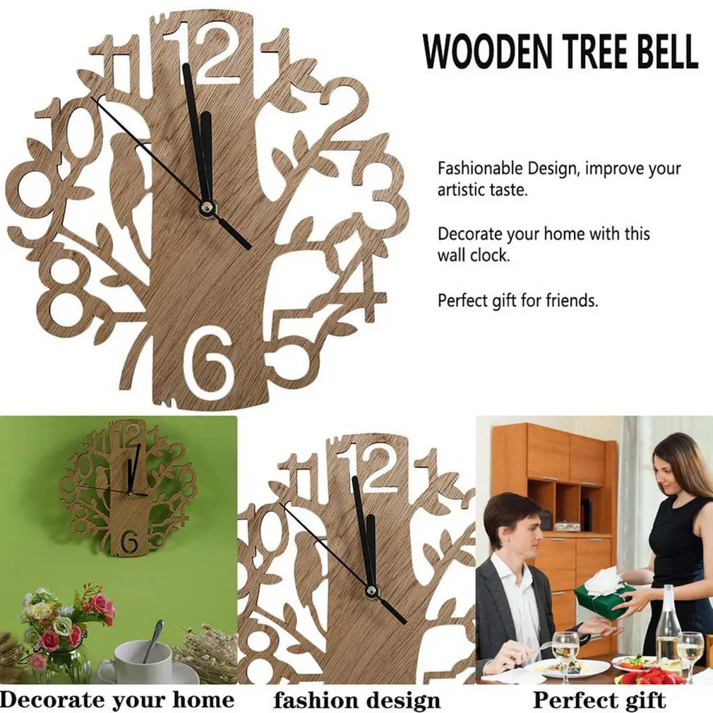 

1 Pcs 22CM Big Creative Wooden Tree Wall Clock Quartz Wood Silent Work Study Room Office Bedroom Living Room