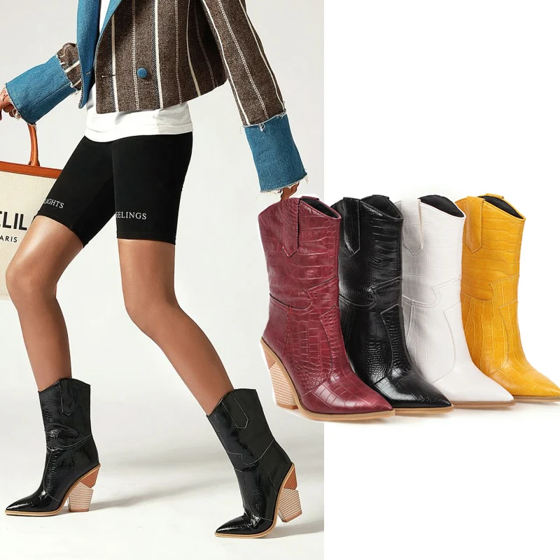 Женские ковбойские ботинки на танкетке зимние ботильоны из искусственной кожи