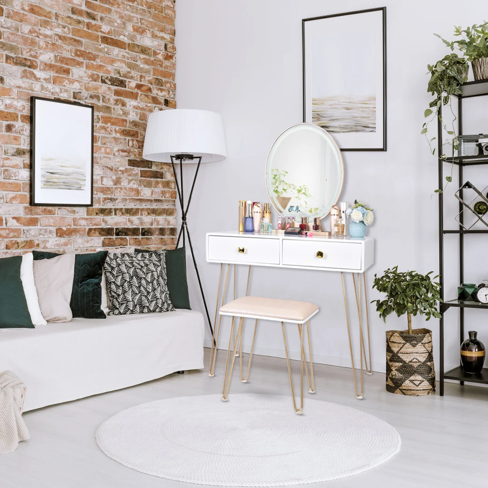 

Bedroom Iron Dressing Table Simple Golden Iron Foot White Desktop With Light Three-Color Adjustable Modern Storage Table