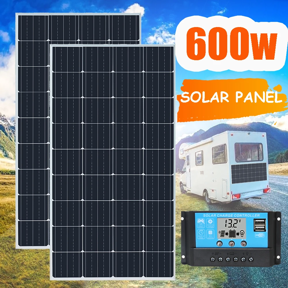 

Solar Panel 600W 300W 12V Monocrystalline Glass Solar Energy Generator Power Bank Camping Car Boat Battery Charger Home System