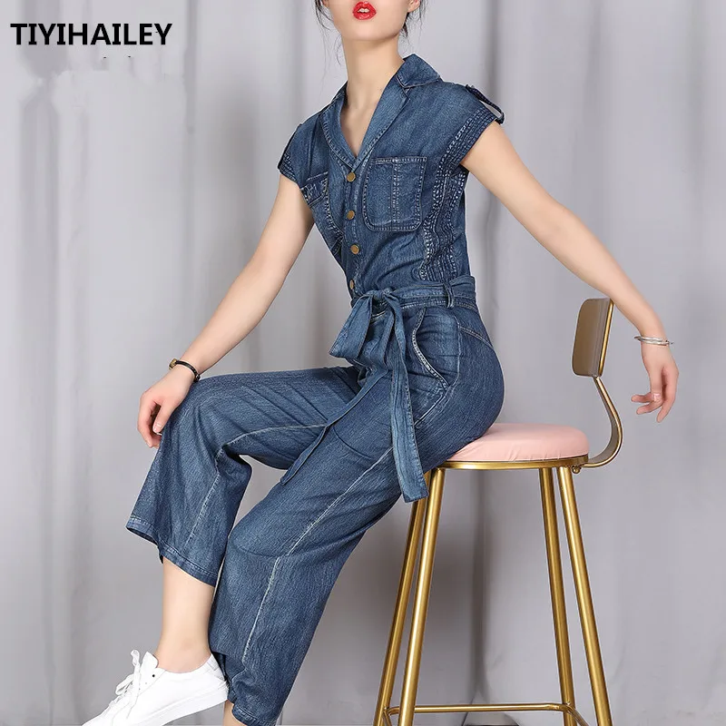 TIYIHAILEY Free Shipping New Women Wide Leg Denim Embroidery Jumpsuit And Rompers M-XL Thin Summer Trousers With Pockets Belt