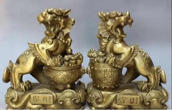 YM 311 9&quot Chinese Brass Dragon Kylin Unicorn PiXiu Zhao Cai Treasure Bowl Statue Pair | Дом и сад