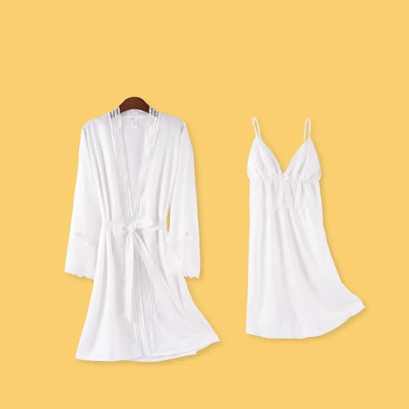

Sexy Lace Patchwork Satin Nighty&Robe Set Strap Top Lady 5PCS Sleepwear Bride Wedding Nightwear Summer Rayon Kimono Bath Robe