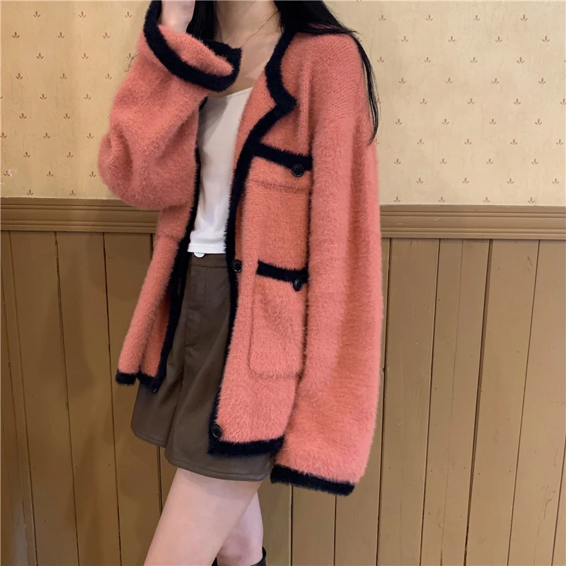

2021 Spring Autumn Gentle Color Contrast Imitation Mink Velvet Knitting Cardigan Xiaoxiangfeng Loose Sweater Long Sleeve Coat