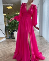 2021 fuchsia chiffon prom dresses long puff sleeves v neck side slit a line evening gowns with 3d butterfly brithday party