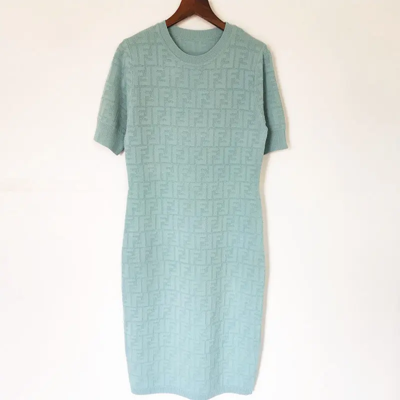 

2021 Summer New Style Ice Silk Elastic Round Neck Short-sleeved Knitted Dress for Women's Self-cultivation and Hip Sexy Mid-leng