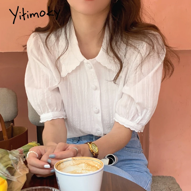 

Блузка Yitimoky Женская на пуговицах, модная белая рубашка с коротким рукавом-фонариком и отложным воротником, одежда в стиле единорога, корейс...