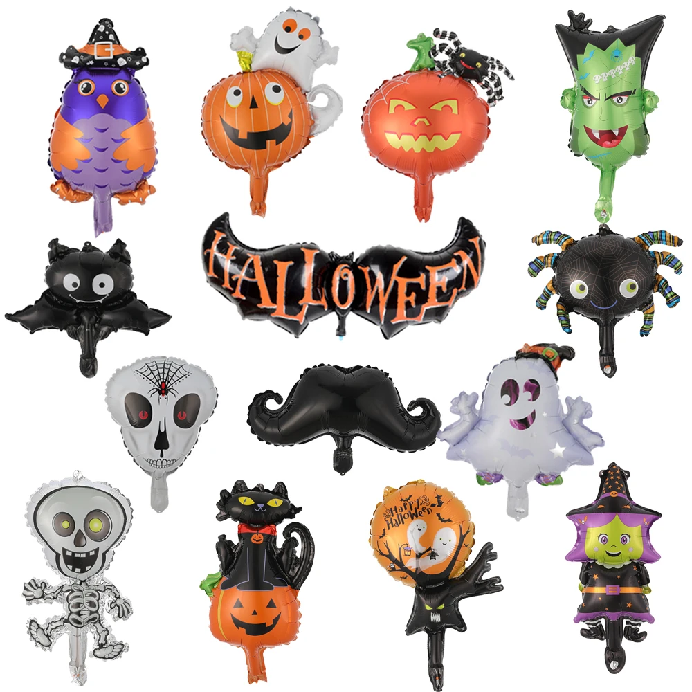 10pcs Mix Minisize Halloween Foil Balloons Spider Bat Witch Balloons Horror House Decors Halloween Decorations For Home Outside