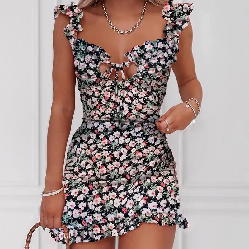 

Beach Style Casual Print Women Dress 2020 Summer Sexy Ruffles Spaghetti Starps Bodycon Mini Dress