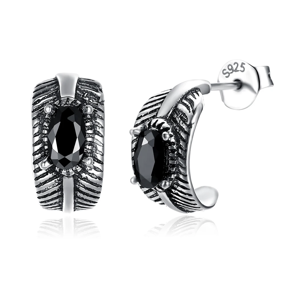 

ZEMIOR Curving Feathers Vintage Earrings 925 Sterling Silver Black Oval Cubic Zirconia Stud Earrings For Women Fine Jewelry
