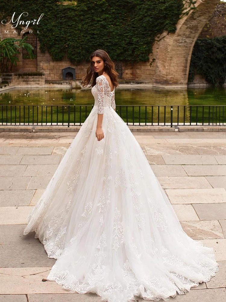 

MNGRL Luxury Muslim bride Long Sleeve Bridal Dresses White Lace 3D Flower Fluffy Skir Plus Size Tail Bandage Wedding Gown