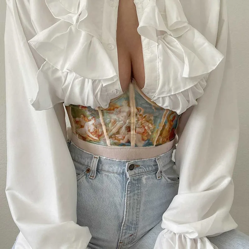 

Vintage Fashion Aesthetic Print Statement Boned Underbust Corset Belt Push Up Corset Club Party Cupped Cummerbunds