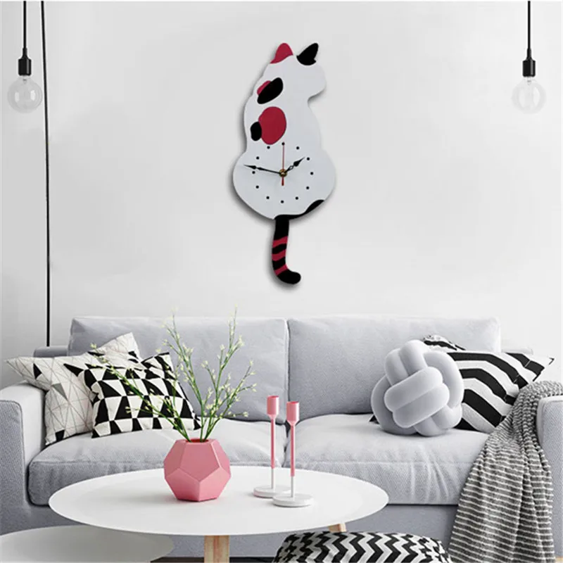 Creative Cute White/Black Wagging Tail Cat Wall Clock for Household Decorative Clocks | Дом и сад